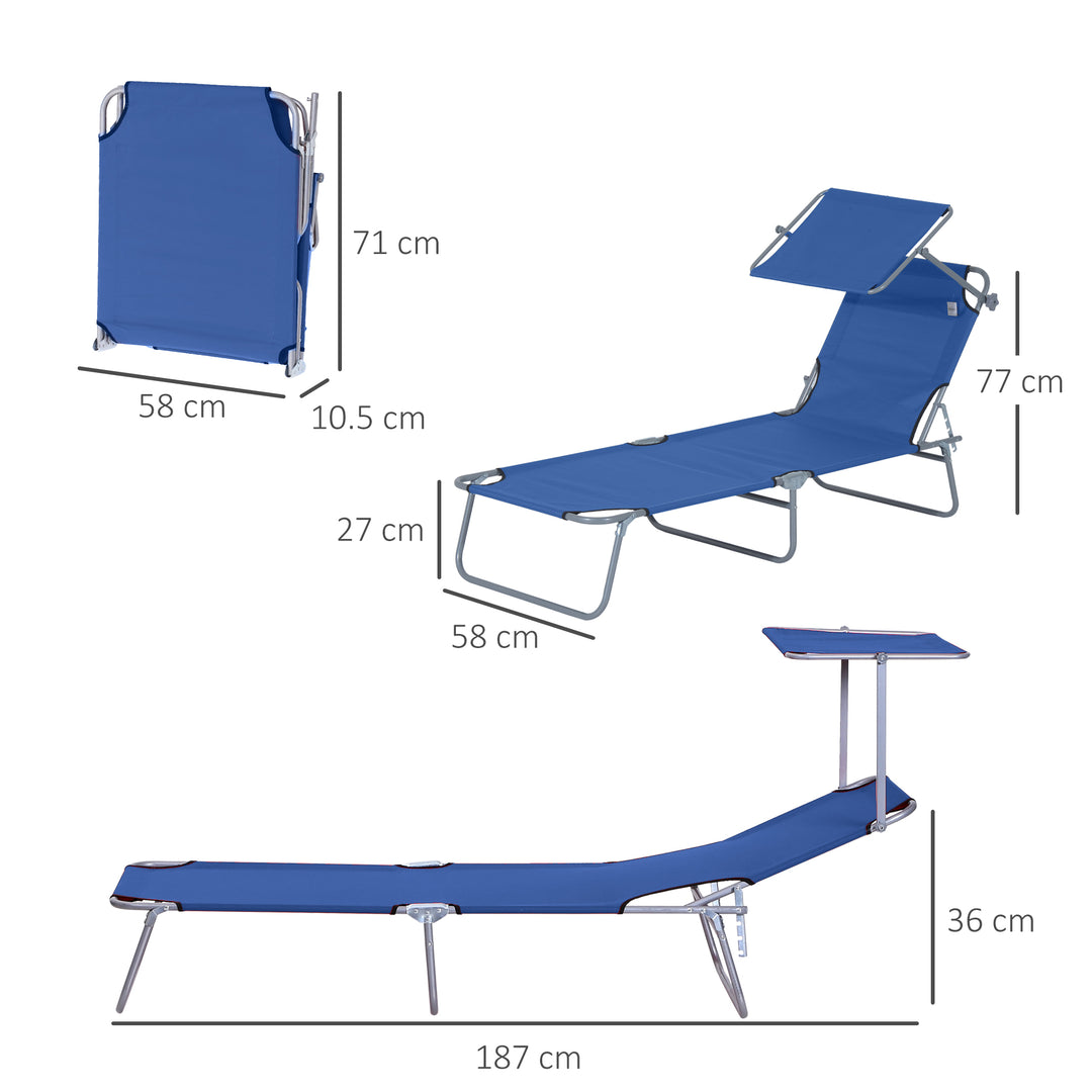 Outsunny Reclining Chair Folding Lounger Seat Sun Lounger with Sun Shade Awning Beach Garden Outdoor Patio Recliner Adjustable, Blue