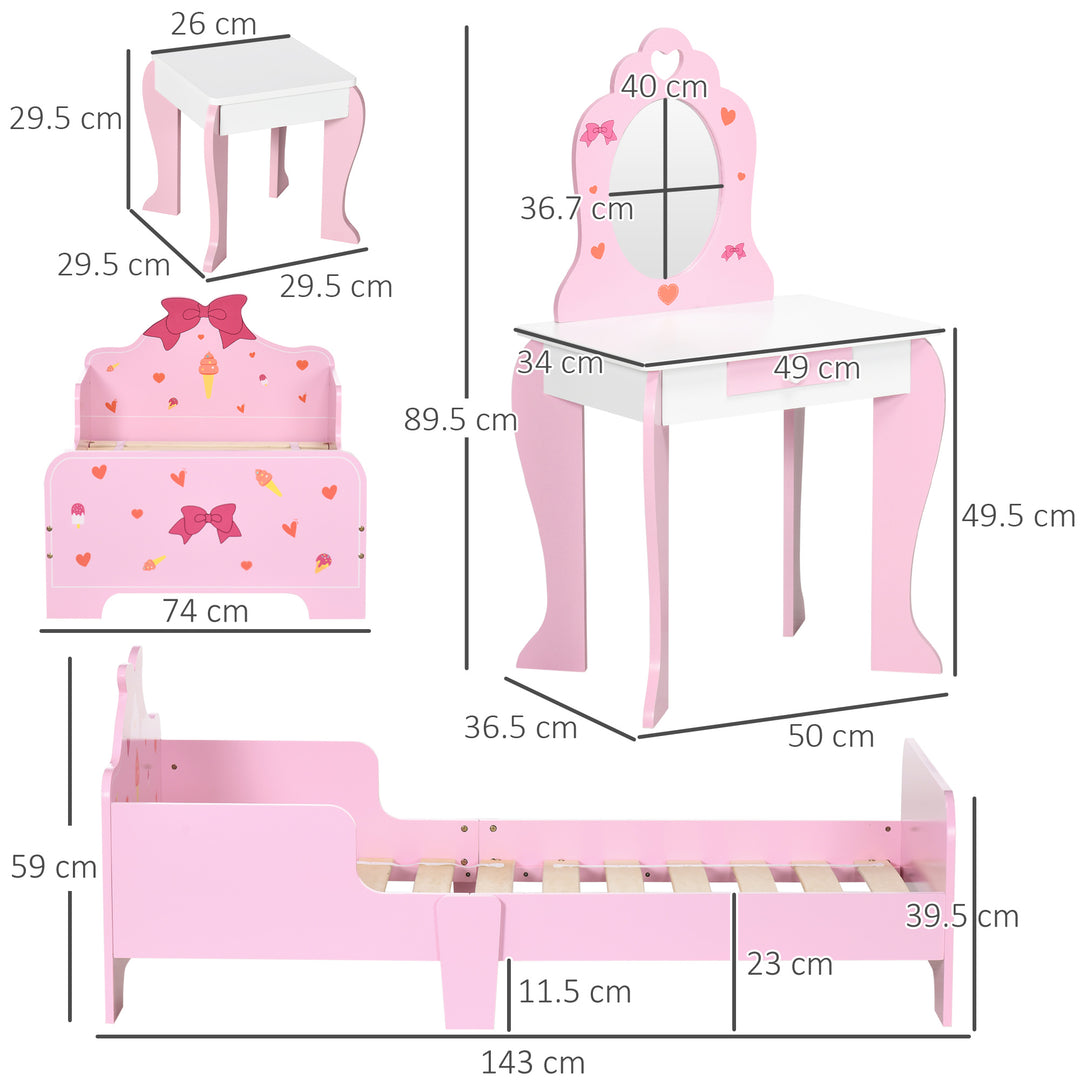 3PCs Kids Bedroom Furniture Set with Bed, Dressing Table and Stool, Princess Themed, for 3-6 Years Old, Pink