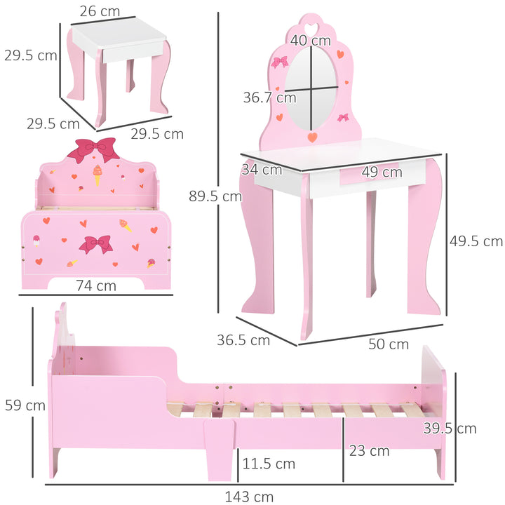 3PCs Kids Bedroom Furniture Set with Bed, Dressing Table and Stool, Princess Themed, for 3-6 Years Old, Pink