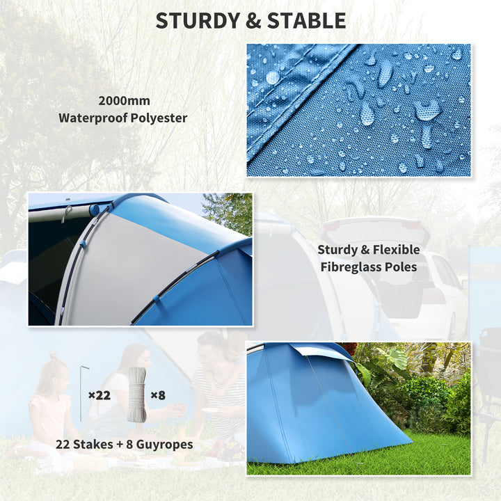 4-6 Man Camping Tent w/ Two Bedroom, Hiking Sun Shelter, UV Protection Tunnel Tent, Blue and White