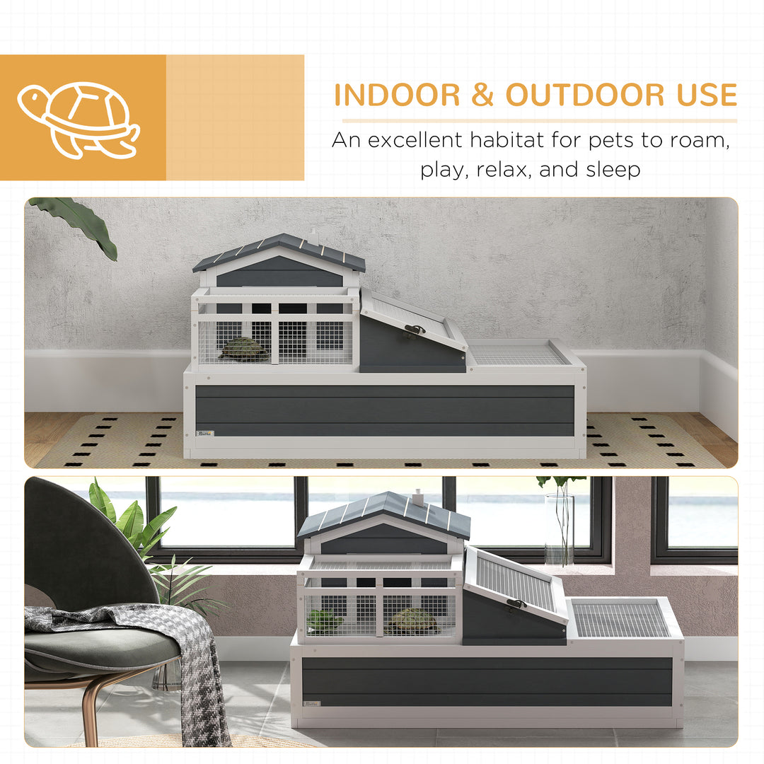 3-Room Tortoise House Habitat w/ Balcony &amp; 2 Stories, Wooden Tortoise Enclosure with Ladder, Tray, Openable Roof