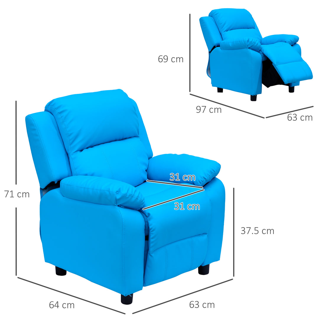 Kids Children Recliner Lounger Armchair Games Chair Sofa Seat PU Leather Look w/ Storage Space on Arms (Blue)