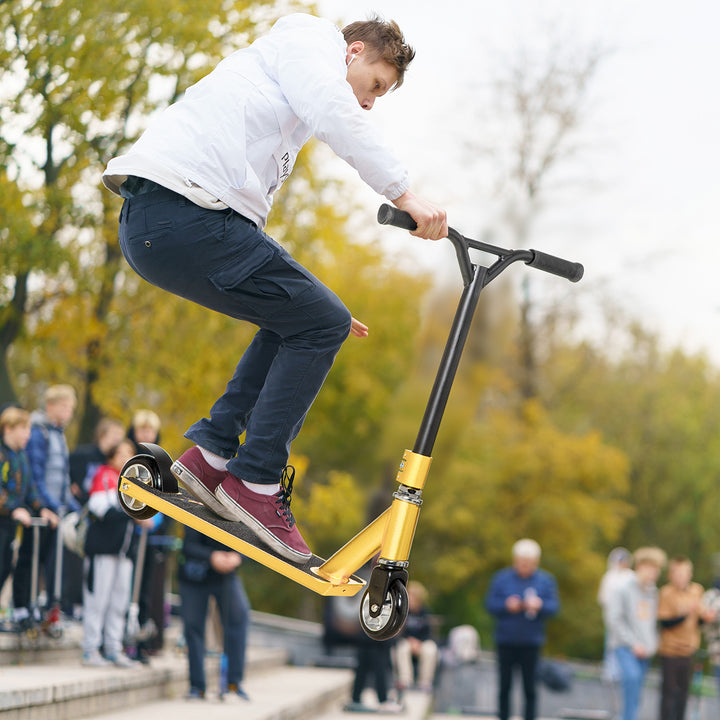 Stunt Scooter, 360° Entry Level Tricks Scooter w/ Lightweight Aluminium Deck and ABEC 7 Bearing, For Age 14+ Beginners, Gold Tone