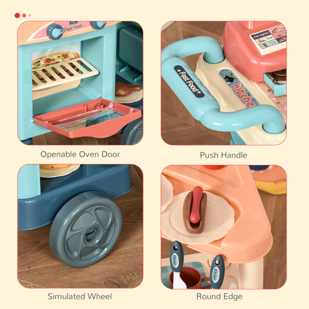 HOMCOM 50 Pcs Kids Kitchen Play set Fast Food Trolley Cart Pretend Playset Toys with Play Food Money Cash Register Accessories Gift for Kids Age 3-6