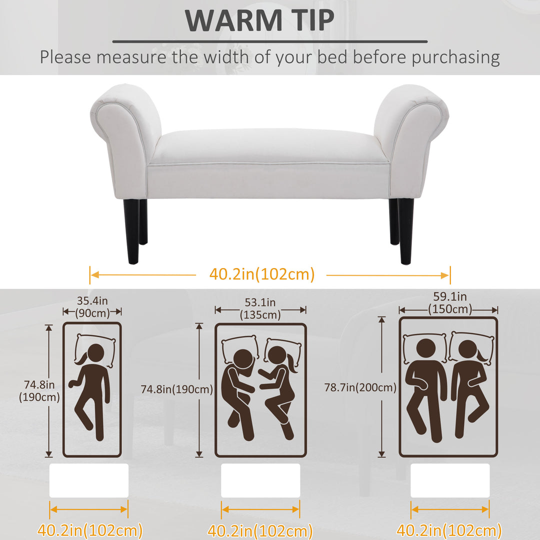 Small-sized Bed End Side Chaise Lounge Sofa Window Seat Arm Bench Wooden Leg Fabric Cover (White)