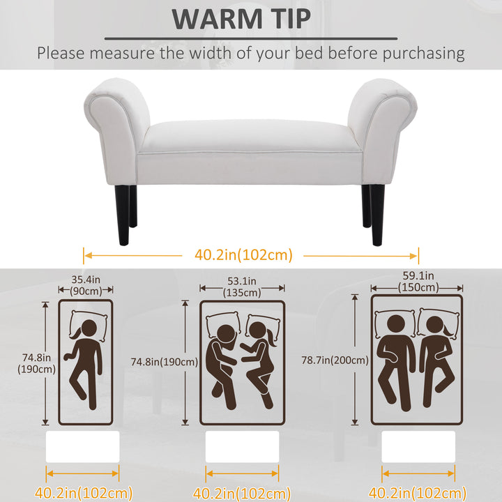 Small-sized Bed End Side Chaise Lounge Sofa Window Seat Arm Bench Wooden Leg Fabric Cover (White)