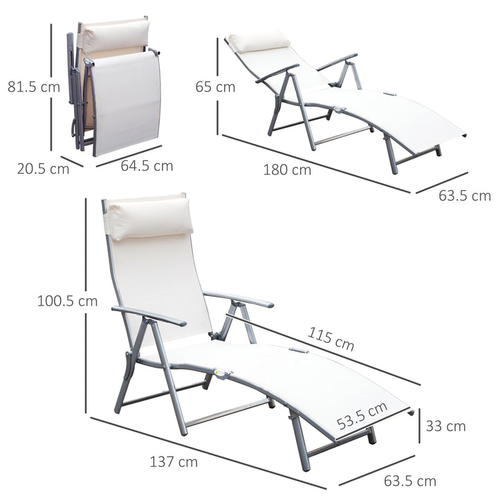 Outsunny Garden Lounger Steel Frame Outdoor Folding Chaise Recliner with Headrest & 7 Levels Adjustable Backrest, 81.5L x 20.5W x 64.5H, Cream White