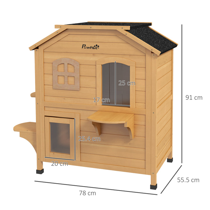 Wooden Cat House Condos Cat Cave Pet Shelter 2 Floor Villa Outdoor Furniture Natural Wood Finish