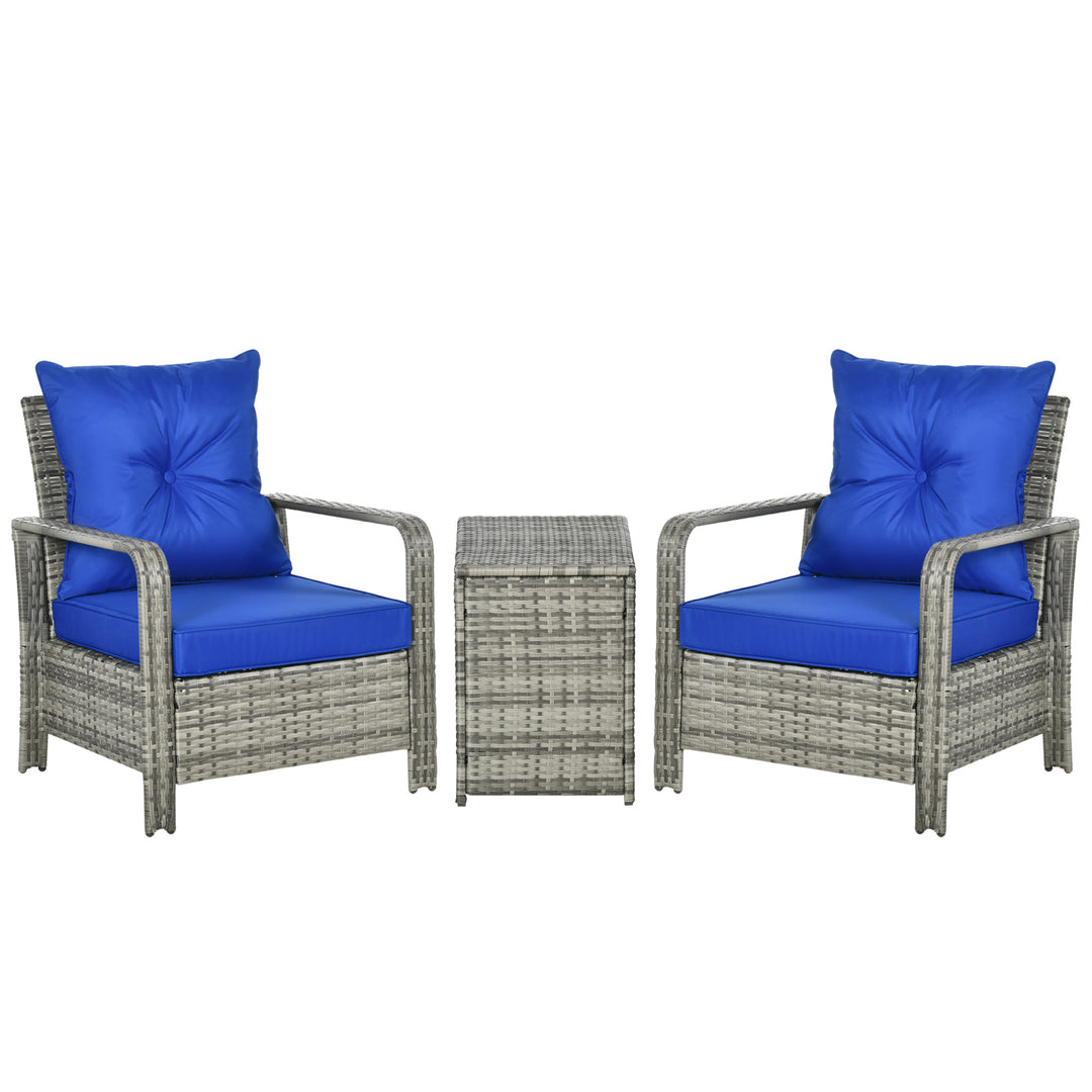 3 pcs PE Rattan Wicker Garden Furniture Patio Bistro Set Weave Conservatory Sofa Storage Table and Chairs Set Blue Cushion Grey Wicker