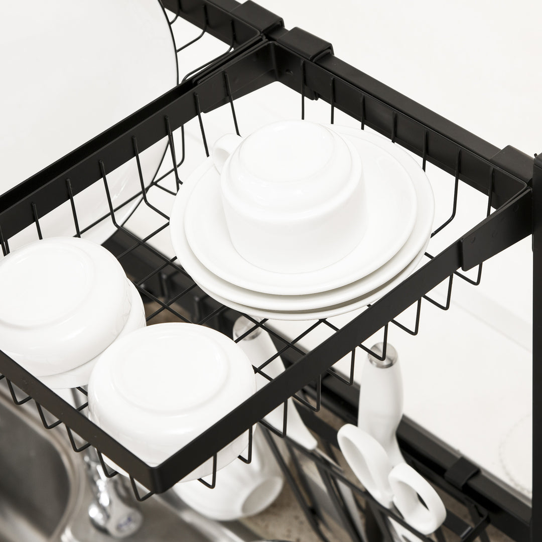 Space Saving 2 Tier Adjustable Dish Drainer Over The Sink Dish Drying Rack, Black