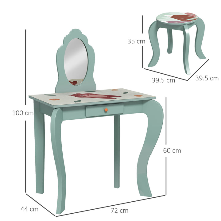 Kids Dressing Table with Mirror and Stool, Girls Vanity Table Makeup Desk with Drawer for 3-6 Years - Green
