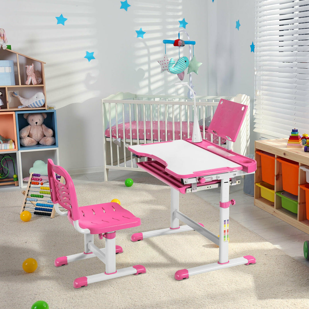 Height Adjustable Kid's Tilted Desk Set with Lamp & Drawer-Pink