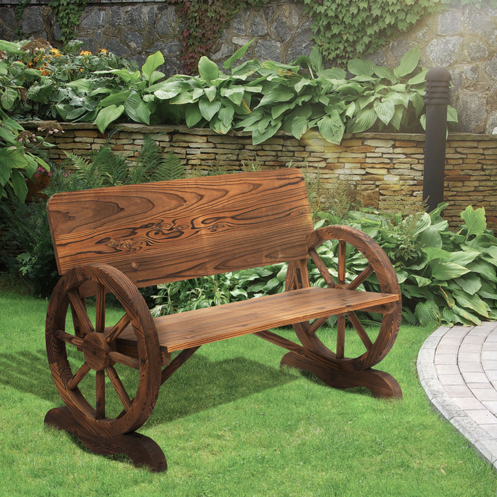 Wooden Cart Wagon Wheel 2 Seater Garden Bench Outdoor Chair Rustic High Back Loveseat Burnt Stained