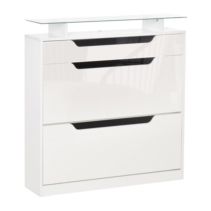 Shoe Cabinet with 3 Drawers High Gloss Storage Cupboard Tipping Bucket with Flip Door Glass Top Adjustable Shelf Large-Capacity for 14 Pairs