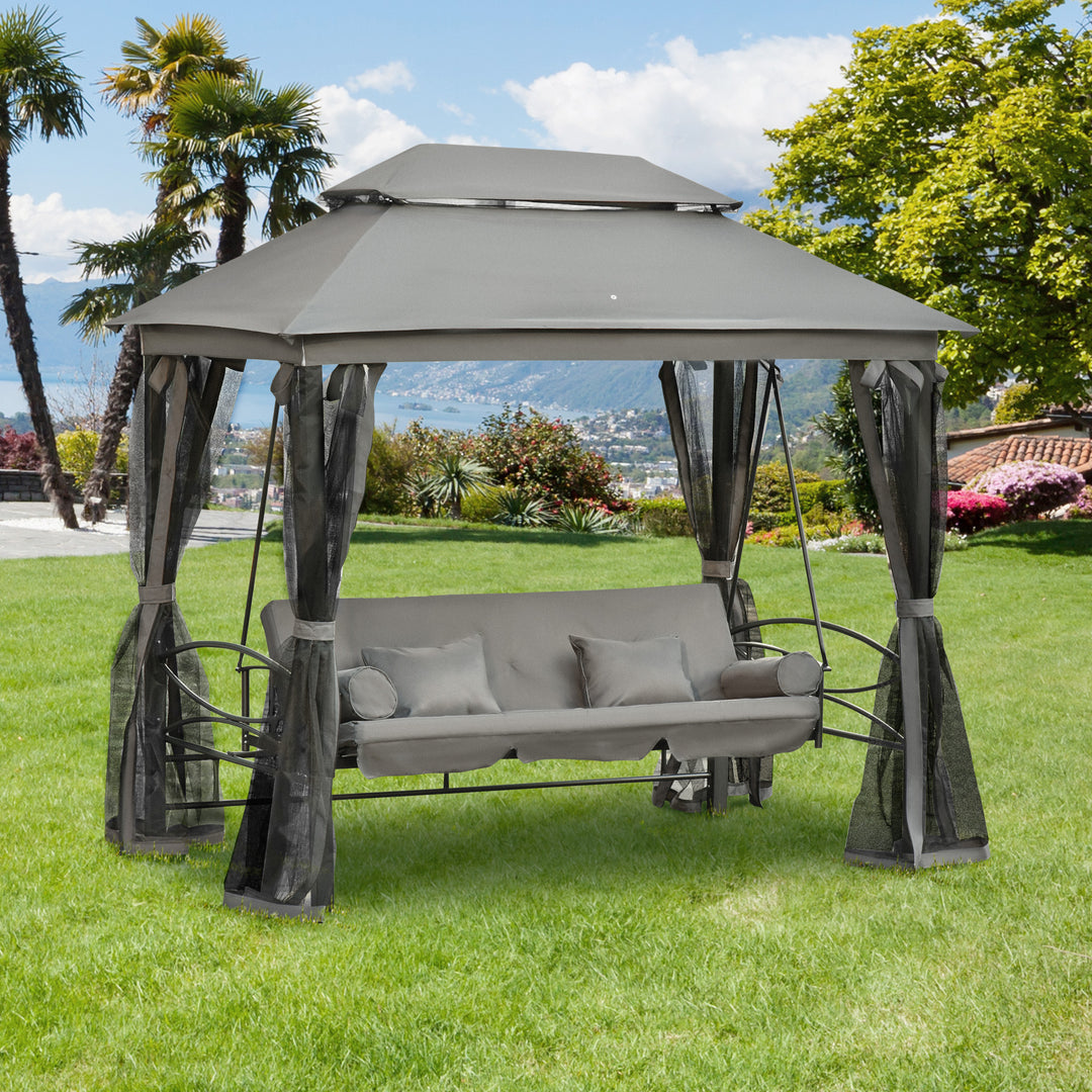 Outsunny 3 Seater Swing Chair Hammock Gazebo Patio Bench Outdoor with Double Tier Canopy, Cushioned Seat, Mesh Sidewalls, Grey