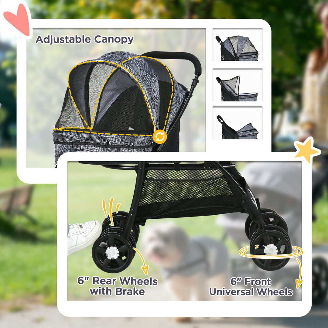 PawHut Pet Stroller Dog Pushchair Cat Travel Carriage Foldable Carrying Bag w/ Universal Wheels, Brake Canopy for XS & S Sized Pets, Grey