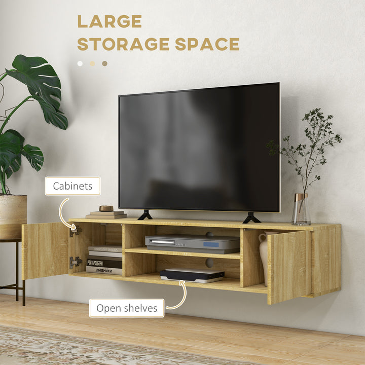 Floating TV Stand Cabinet for TVs up to 60", Wall Mounted TV Unit with Open Shelf, Storage Cupboards and Cable Management for Living Room, Natural Wood Effect