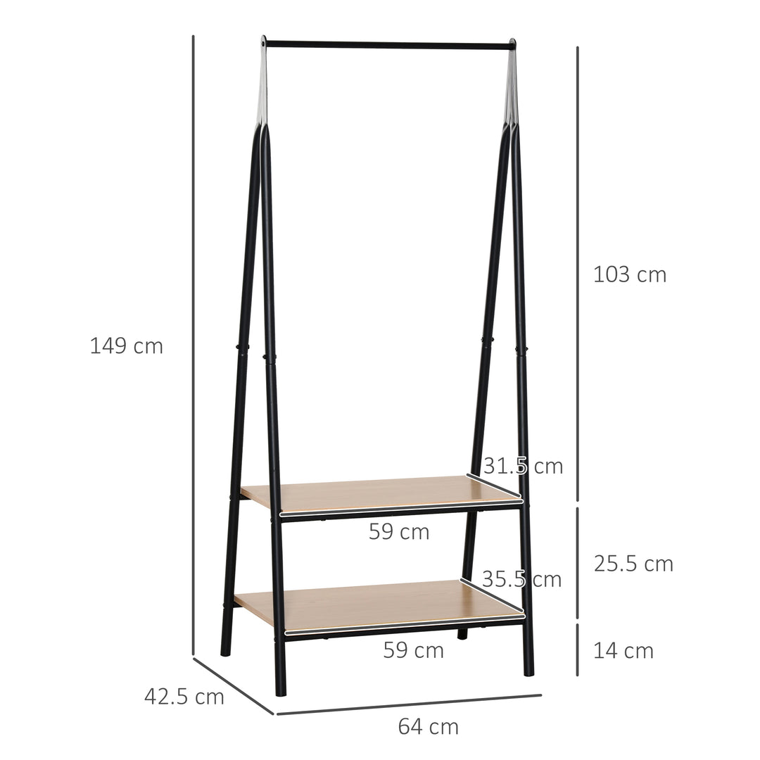 Clothes Rail, Freestanding Metal Clothes Rack with 2 Tier Storage Shelves for Bedroom and Entryway, 64 x 42.5 x 149 cm, Black Frame