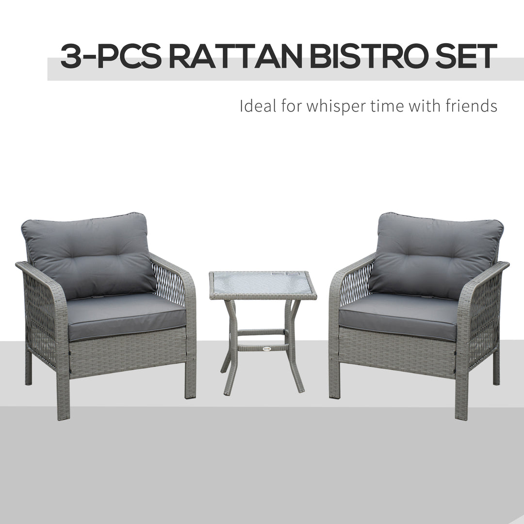 Outsunny 2 Seater Patio PE Rattan Bistro Set, Outdoor Wicker Coffee Table Armrest Chairs Conversation Furniture w/ Cushion, Grey