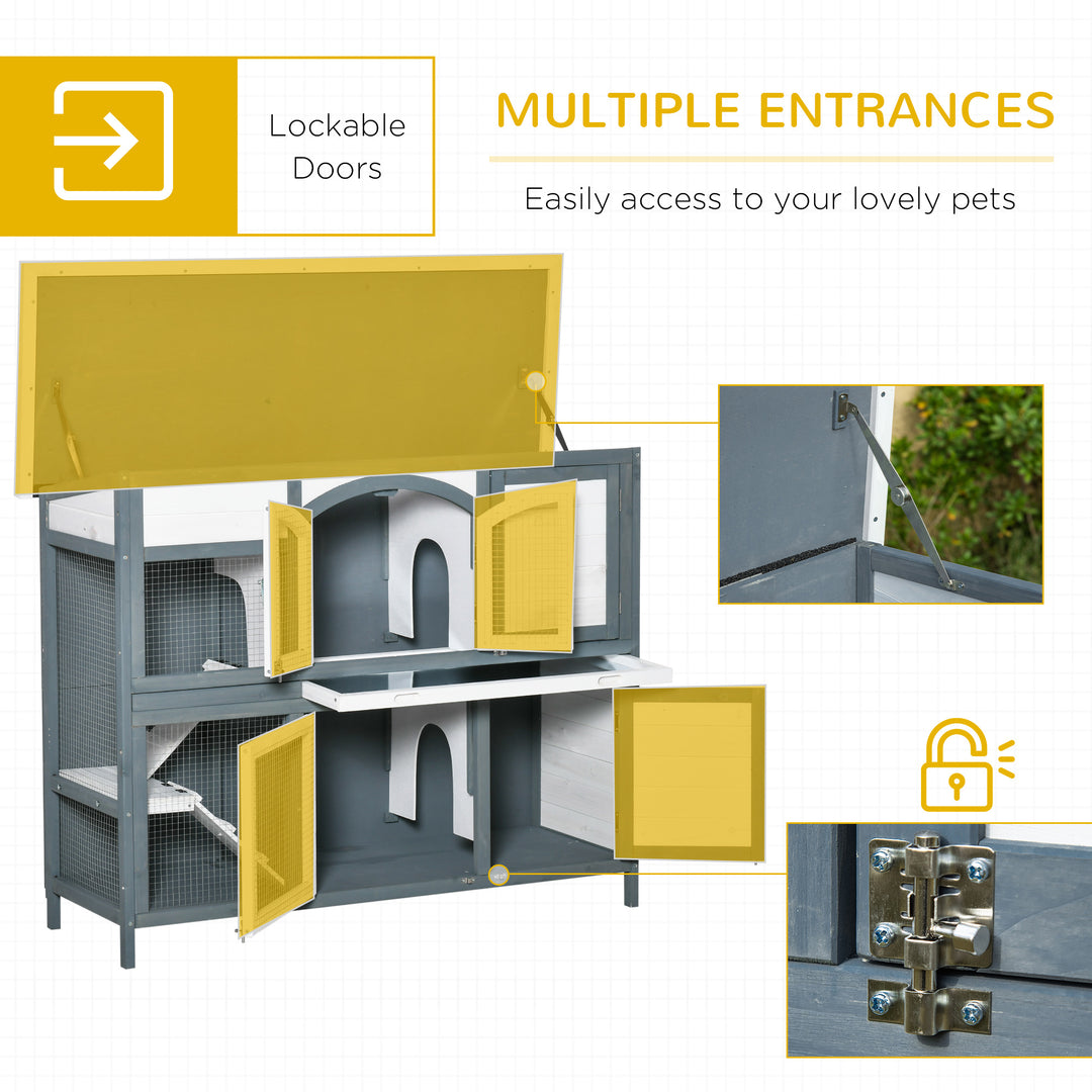 PawHut Two-Tier Wooden Rabbit Hutch Guinea Pig Cage w/ Openable Roof, Slide-Out Tray, Ramp - Grey