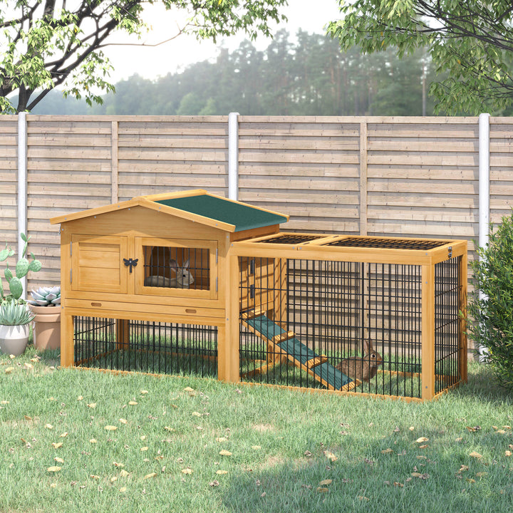 PawHut 2 Level Wooden Rabbit Bunny Guinea Pig Hutch w/ Outdoor Run Water Resistant Roof Pull out Tray Ramp 150 x 52.5 x 68 cm, Yellow