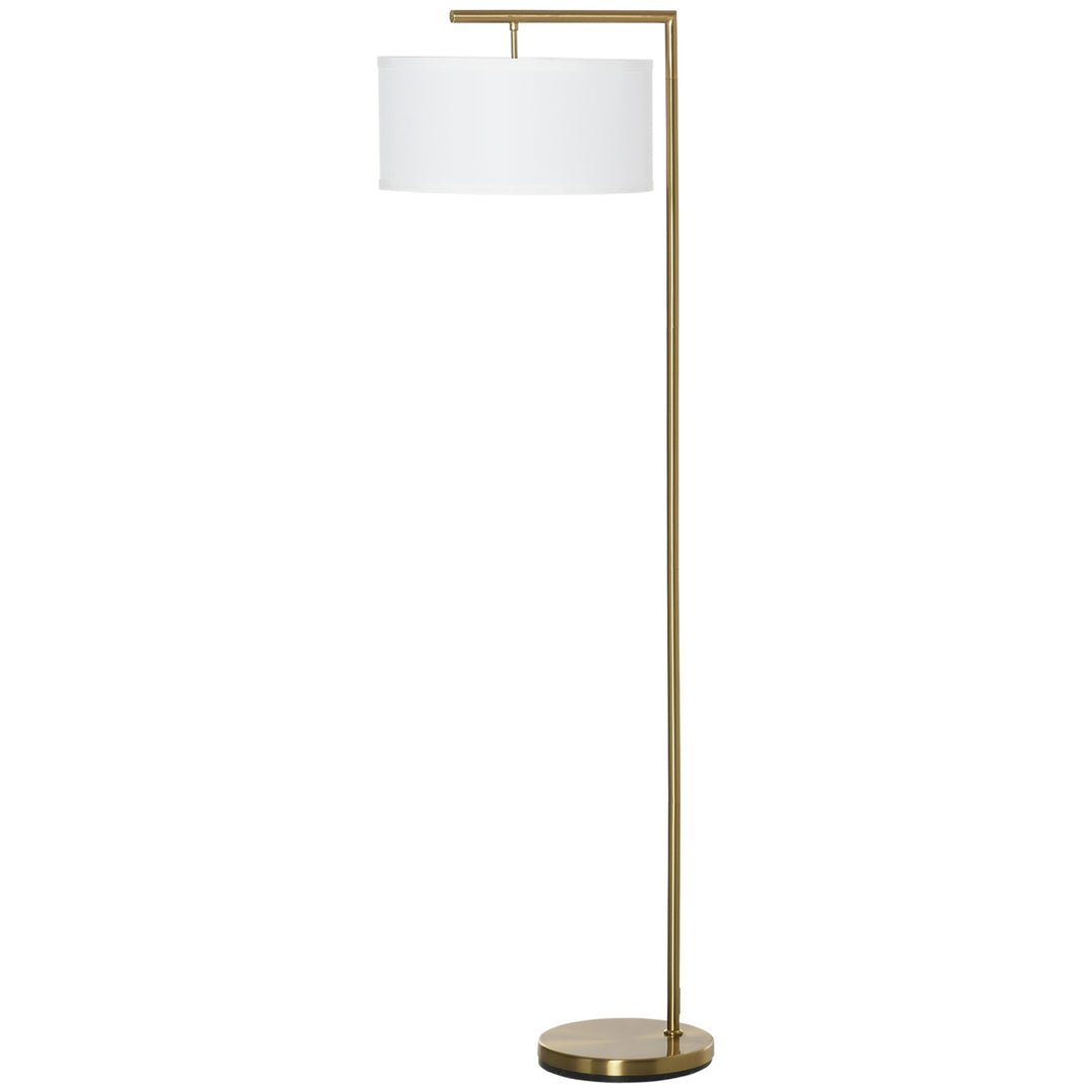 Floor Lamp, Modern Standing Light with Linen Lampshade, Round Base for Living Room, Bedroom, Dining Room, Gold and White