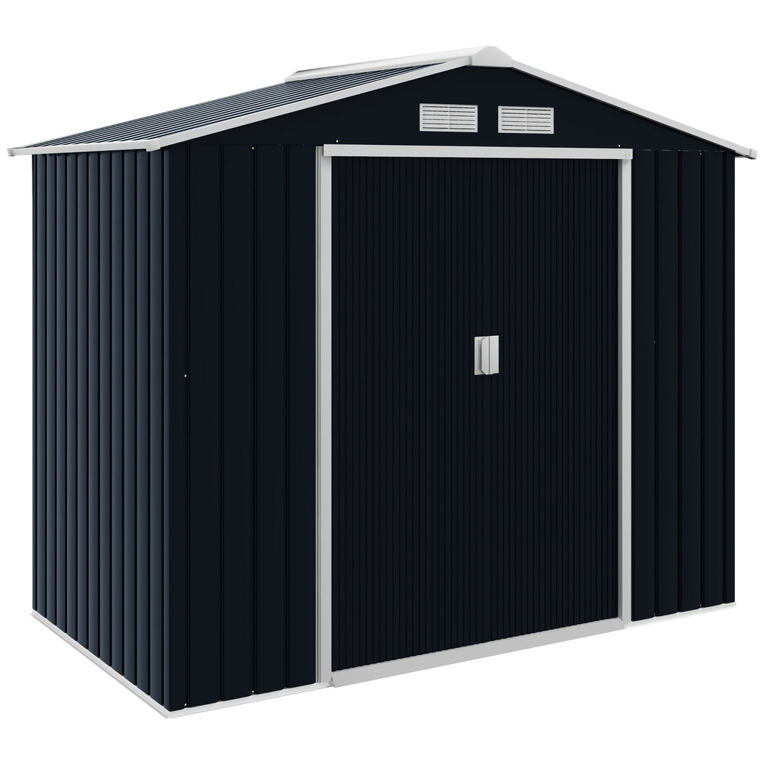 Lockable Garden Shed Large Patio Roofed Tool Metal Storage Building Foundation Sheds Box Outdoor Furniture, 7ft x 4ft, Dark Grey