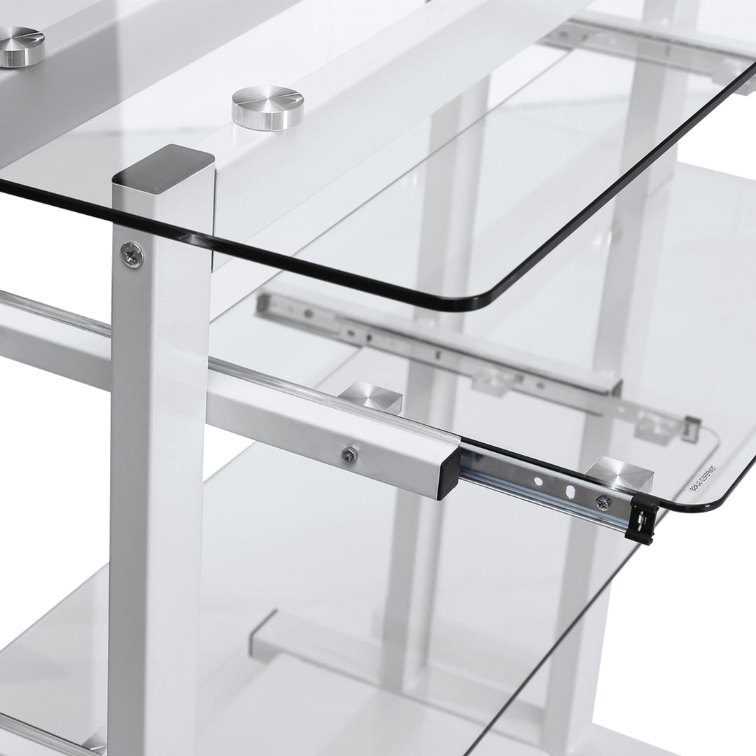 Computer Desk Glass Table Workstation Laptop pc desk mobile  with wheels White