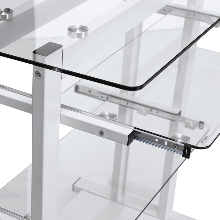 Computer Desk Glass Table Workstation Laptop pc desk mobile  with wheels White