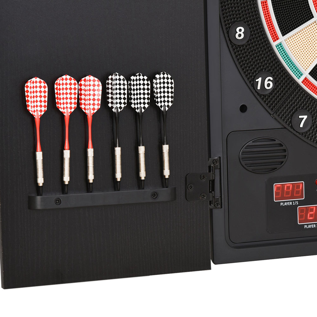 Electronic Dartboard In Case LED Scoreboard w/ 12 Darts 30 Heads Side Storage Cabinet Black White