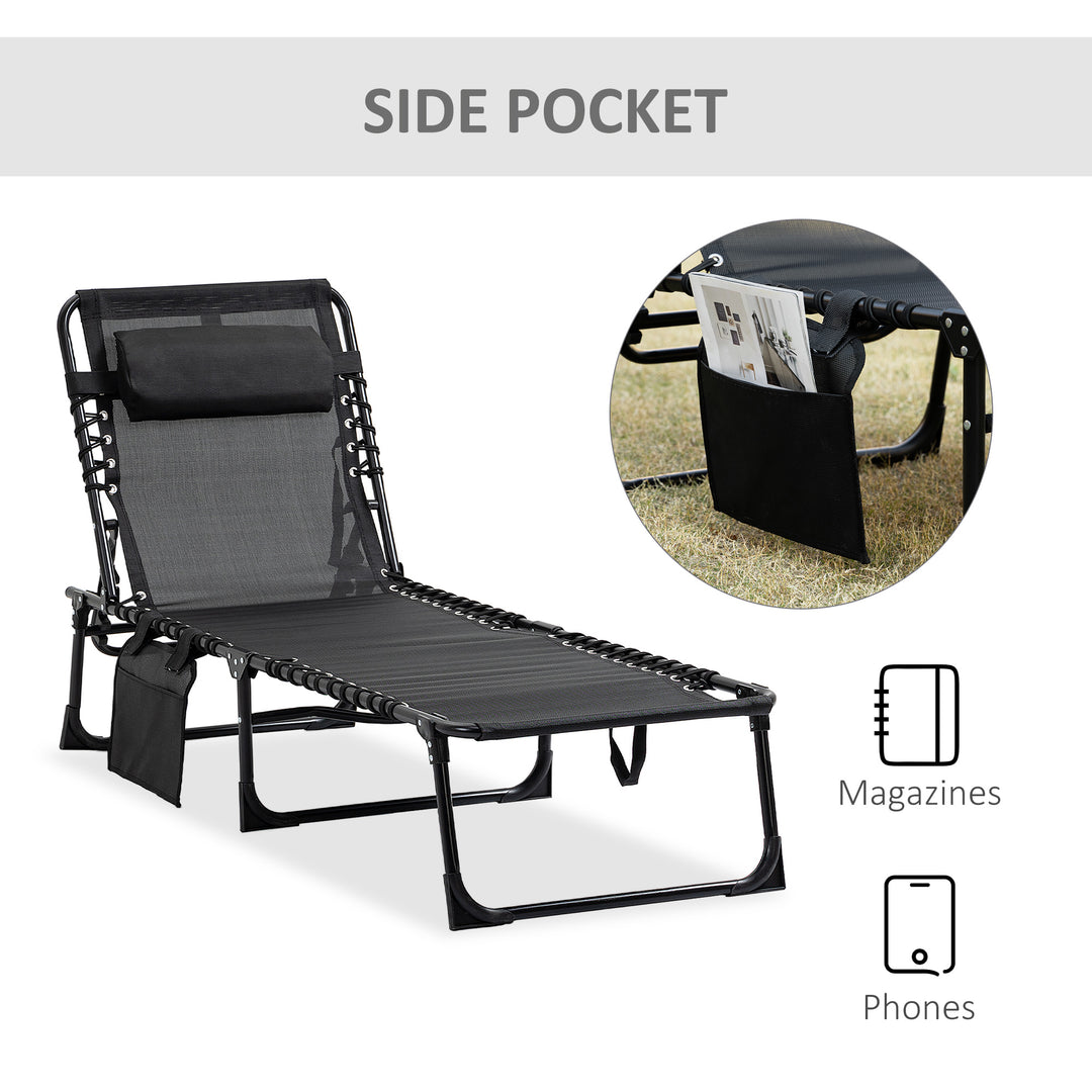 Portable Sun Lounger, Folding Camping Bed Cot, Reclining Lounge Chair 5-position Adjustable Backrest w/Side Pocket for Patio Garden Black