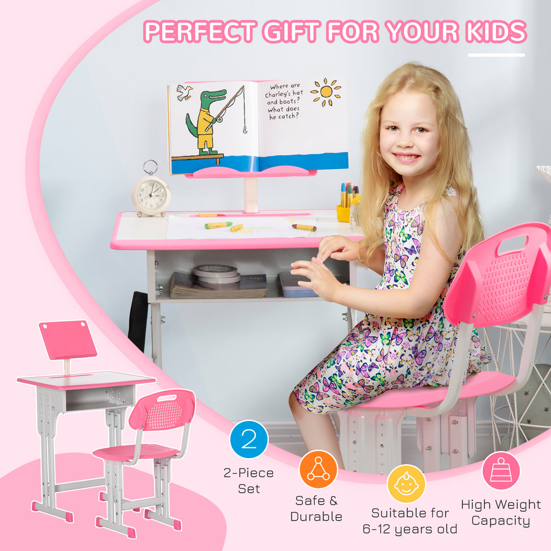 HOMCOM Kids Desk and Chair Set, Height Adjustable Study Table Set with Storage Drawer, Book Stand, Cup Holder, Pen Slot, Pink