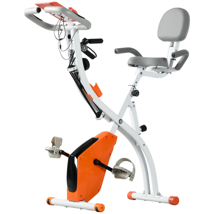 HOMCOM 2-in-1 Upright  Exercise Bike Stationary Foldable Magnetic Recumbent Cycling with Arm Resistance Bands Orange