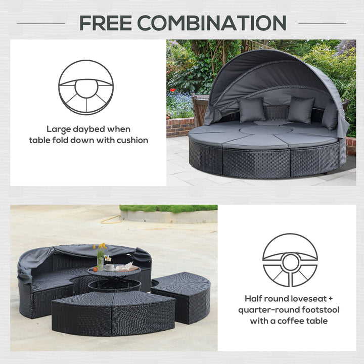 4 Pieces PE Rattan Garden Daybed Set, Outdoor Wicker Cushioned Round Sofa Bed Conversation Furniture with Coffee Table & Canopy, Black