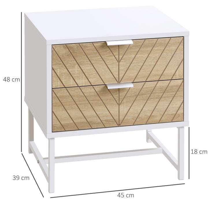 Modern Bedside Table with 2 Drawers and Metal Frame, Sofa Side Table for Bedroom Living Room, Set of 2, White and Oak