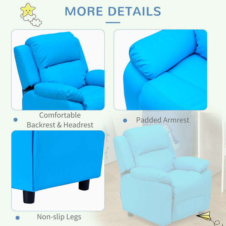 Kids Children Recliner Lounger Armchair Games Chair Sofa Seat PU Leather Look w/ Storage Space on Arms (Blue)