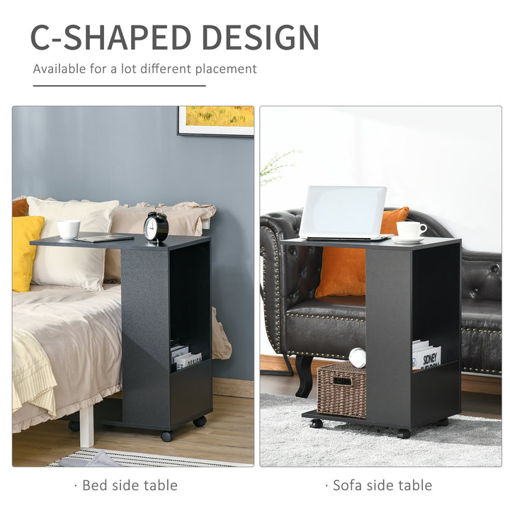 Mobile Sofa Side Table C-Shape End Table with Storage and Casters for Laptop Coffee Snack, Black