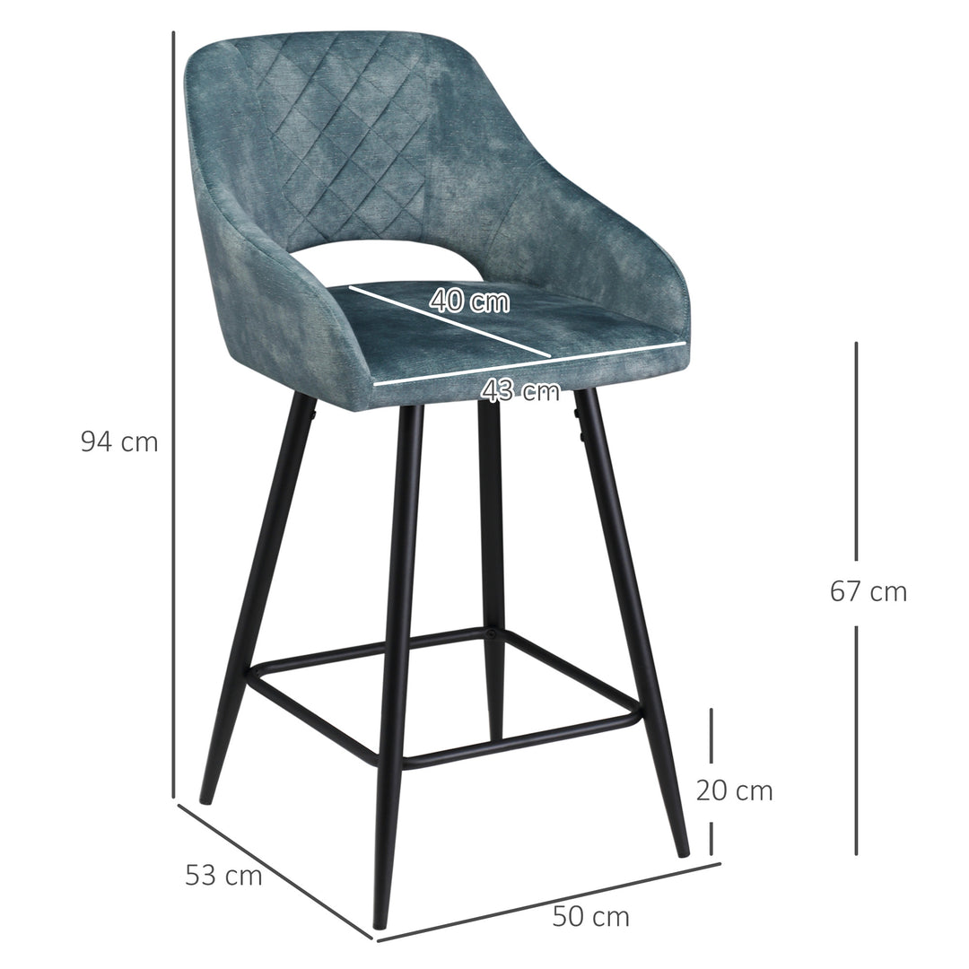 Bar Stools Set of 2, Velvet-Touch Fabric Counter Height Bar Chairs, Kitchen Stools with Steel Legs for Dining Area Blue