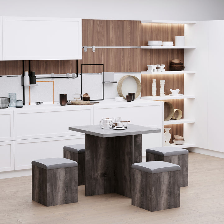 5PC Dining Set Garden Patio Wooden Set 4 Storage Stools Footrest Ottoman with Cushions + 1 Table Space Saving Design Indoor Outdoor