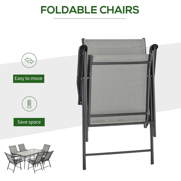 Garden Patio Outdoor 7pcs Classic Outdoor Steel Frames Dining Set w/ 6 Folding Chairs, Glass Top Table, Texteline Seats,Black &amp; Grey Cushion