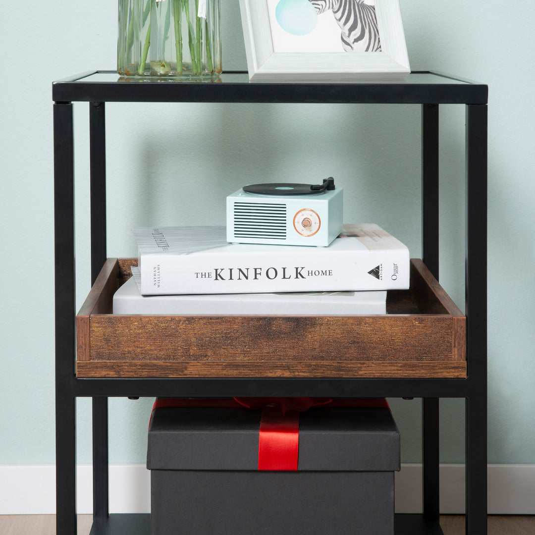 Industrial Side Table, 3-Tier End Table with Storage Shelves, Nightstand with Steel Frame for Bedroom, Living Room, Rustic Brown