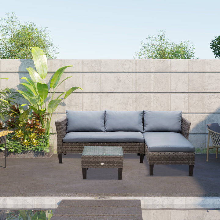 4-Seater Garden Sofa PE Rattan Set w/ 2 Seats Square Glass Top Coffee Table Thick Cushions Solid Legs Metal Frame Patio L Corner Shape, Grey