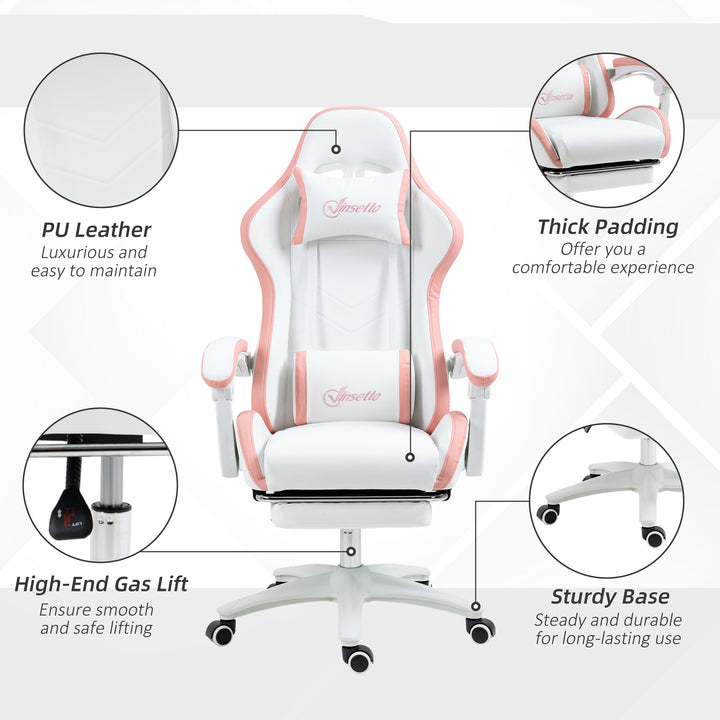 Vinsetto Racing Gaming Chair, Reclining PU Leather Computer Chair with 360 Degree Swivel Seat, White and Pink