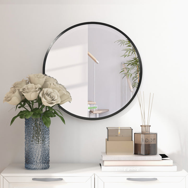 kleankin Round Bathroom Mirror, Modern Wall-mounted Makeup Mirror with Aluminium Frame for Washroom Living Room, Black, 40x40 cm