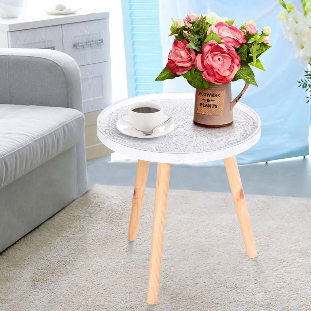 Flower Eteched Side Table w/Saucer Top Wood Legs Living Room Bedroom Furniture Coffee End Table Display Decoration Elegant - White