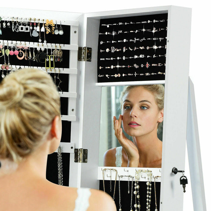 Swivel Mirrored Jewellery Armoire with Display Shelves-White