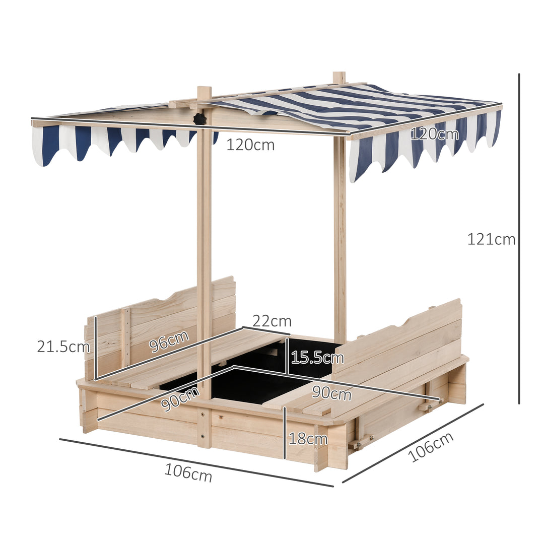 Children Cabana Sandbox Kids Square Wooden Sandpit Outdoor Backyard Playset Play Station Adjustable Canopy, 106x106x121cm