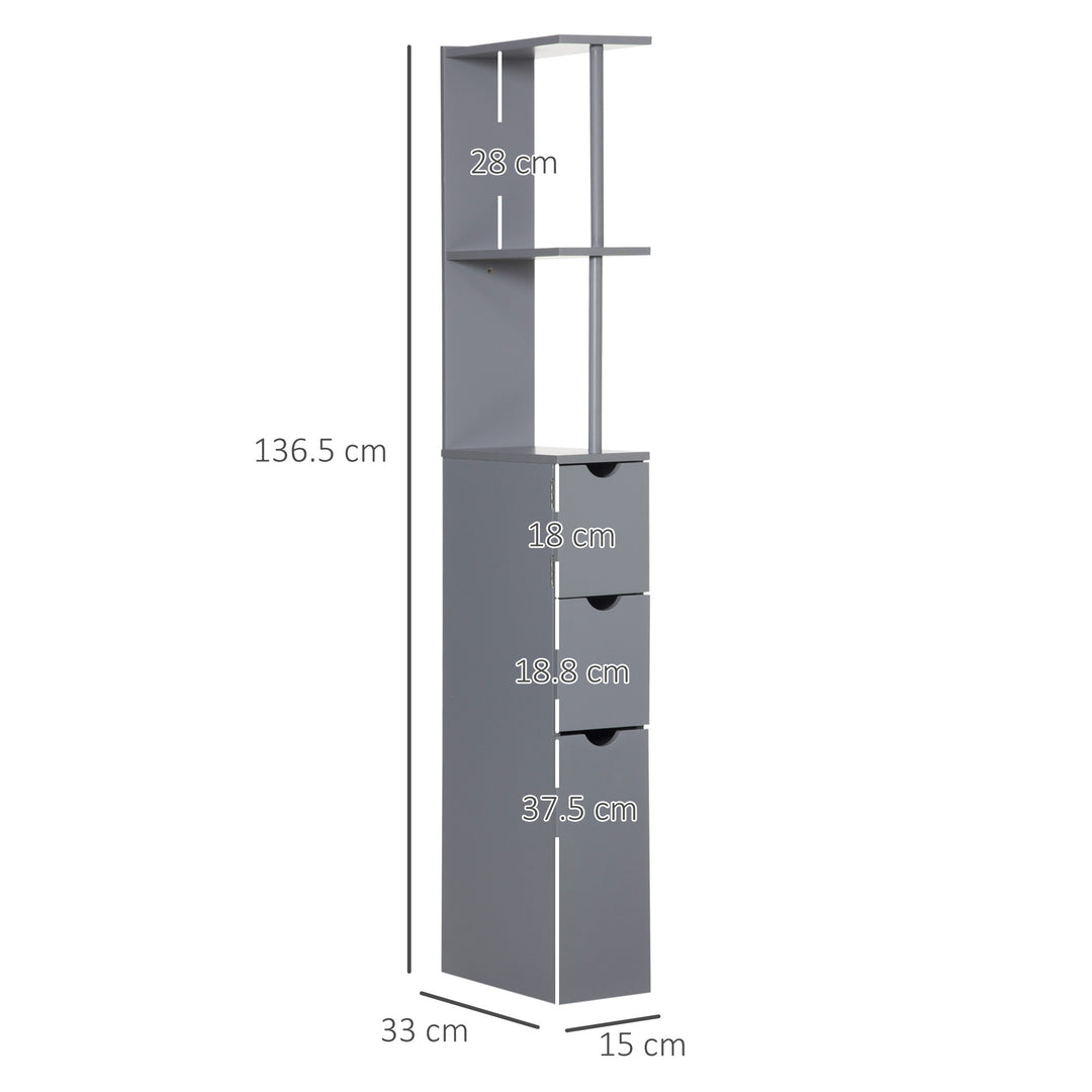 Tall Bathroom Cabinet, Freestanding Bathroom Storage Cabinet with 2-Tier Shelf and Drawers, Narrow Cupboard Storage Unit, Grey