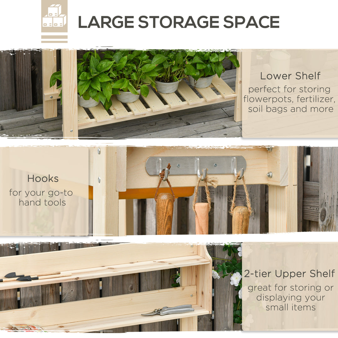 Outsunny Garden Potting Bench w/ Sliding Tabletop, Wooden Workstation w/ Dry Sink, Outdoor Workbench Potting Table w/ Storage Shelf & Hooks, Natural