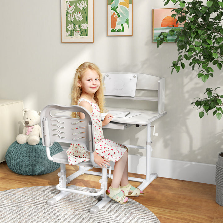 Height Adjustable Kids Study Table and Chair Set, with Drawer, Storage Shelf, Grey